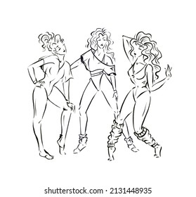 Group Of Three Women In Sportswear And Poses Of Retro 80s Aerobics, Illustration Isolated On White