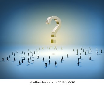 Group Of Tiny People Walking Towards A Question Mark