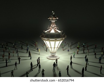 A group of tiny people walking towards a vintage light bulb 3d render