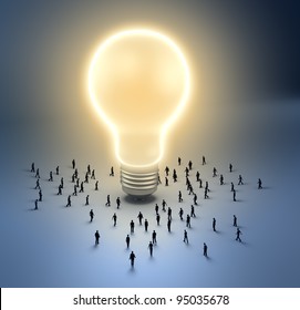 A group of tiny people walking towards a light bulb