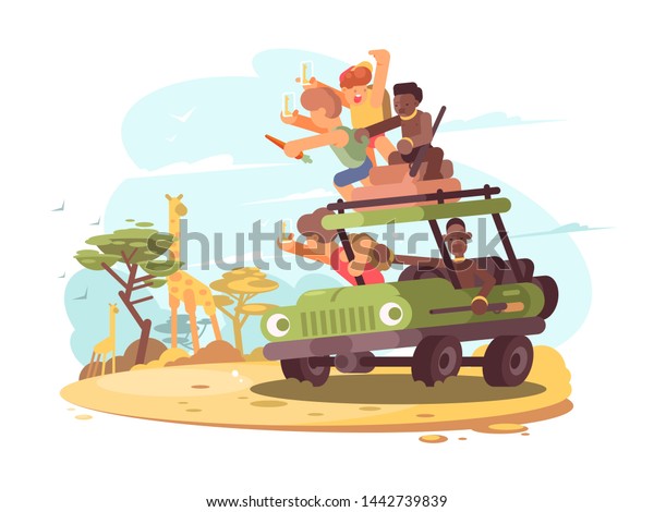 Group of tourists on safari photograph\
giraffe. flat\
illustration