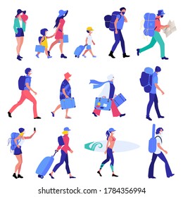 Group of tourists wearing face mask carrying suitcases, backpacks and surfboards - Powered by Shutterstock