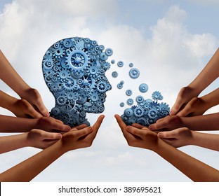 Group Training And Skill Development Business Education Concept With Many Diverse Hands Holding A Bunch Of Gears Transferring The Wheels To A Human Head Made Of Cogs As A Symbol For Team Learning.