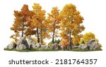 Group of trees among the rocks.
Cutout yellow trees in autumn isolated on white background. Forest scape for landscaping or architectural visualisation. Photorealistic 3D rendering.