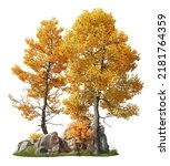 Group of trees among the rocks.
Cutout yellow trees in autumn isolated on white background. Forest scape for landscaping or architectural visualisation. Photorealistic 3D rendering.