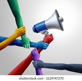 Group Voice And Social Diversity Message Or Diverse Society Speaking With One Megaphone As A Team Communication And Teamwork Chat Concept With 3D Illustration Elements.