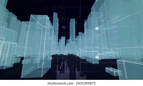 Group walking past electric blue tower blocks in futuristic city - Powered by Shutterstock