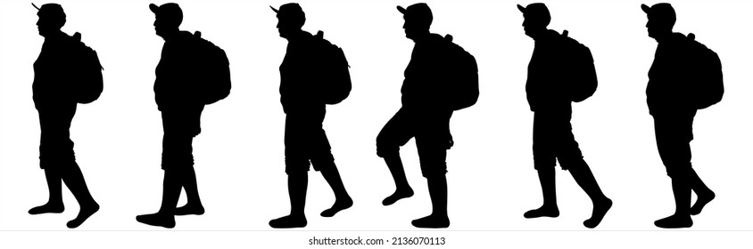 A Group Of Walking Tourists. A Woman In A Sports Cap, A Backpack Behind Her Back, Shorts. An Older Woman Is Hiking. Hiking. Side View, Profile. Black Female Silhouettes Isolated On White Background.