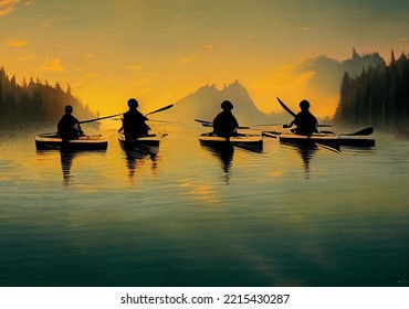 A group of water tourists in a kayak. Beautiful water landscape - Powered by Shutterstock