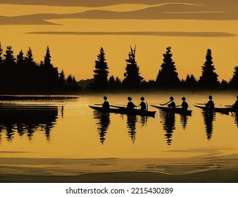 A group of water tourists in a kayak. Beautiful water landscape - Powered by Shutterstock