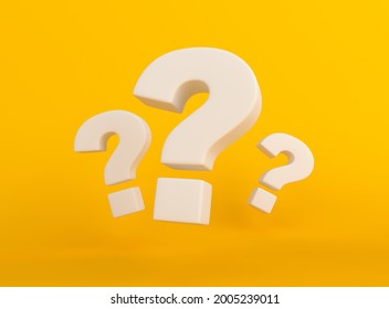 Group of white question marks on yellow background. Minimal ideas concept. 3D render, 3D illustration