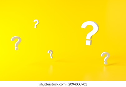 Group White Question Marks on yellow background. 3D Rendering. Minimal white question mark isolate. Realistic 3d query simple 