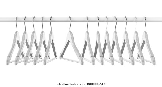 Group Of White Wooden Coat Hangers With Metal Hook On Wardrobe Rail Isolated On White Background. 3D Illustration