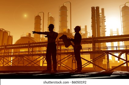 A group of workers against the factory. - Shutterstock ID 86050192