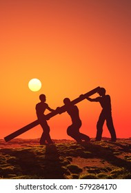 A group of workers puts post,3d render