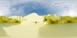 Group Of Yellow Objects Resting On Yellow Ground 360 Panorama Vr Environment Map. 3D Illustration