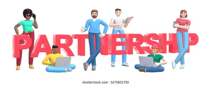 Group of young multiethnic successful people with laptop, tablet, phone and word partnership on white background. Horizontal banner cartoon character and text website slogan. 3D rendering.