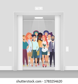 Group Of Young Smiling People With Phones, Bags, Flowers In The Bright Lighted Modern Crowded Elevator With Open Doors Illustration