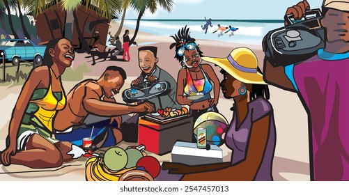 A group of youth having fun, picnic at the beach under palm tree, with food and blaring music - Powered by Shutterstock