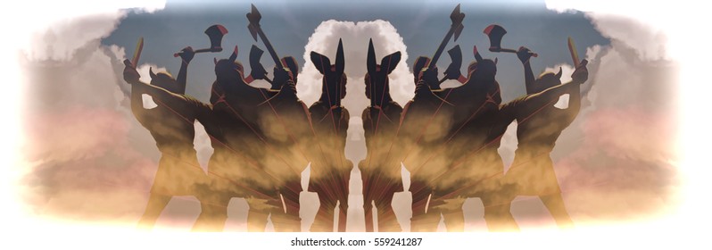 Groups of ghostly Valhalla's warriors (true heroes who died with weapon in their hands) in the morning haze with sun rays, panoramic fantasy image in painting style, Vikings theme, Norse mythology - Shutterstock ID 559241287