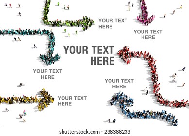 Groups Of People Seen From Above Gathered As Colored Arrows Forming The Layout Of An Infographic 