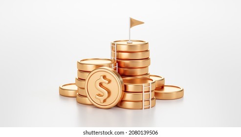 Grow Business Competition Of Money Success Goal Or Growth Financial Gold Coin Stack Achievement Target And Investment Wealth Cash Currency Isolated On White 3d Background With Economy Market Banking.