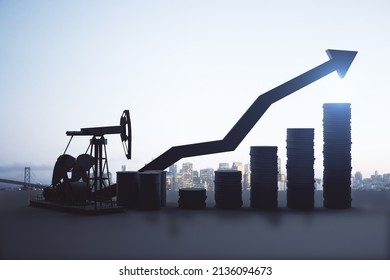 Growing Backlit Oil Price Chart On Sky Background With Arrow And Mock Up Place. Up, Gas And Petrol Concept. 3D Rendering