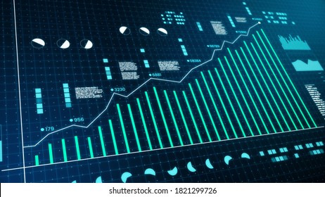 Growing Business Bar Chart With Digital Technology Elements Blue And White. Hi-tech Style Tech Hud Element And Grid. Computer Generated Illustration.