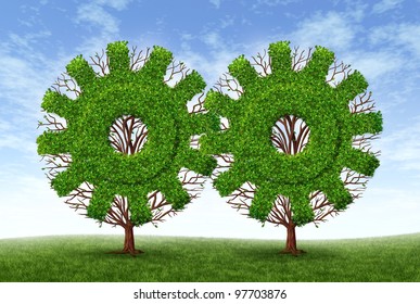 Growing business partnership and strategic alliance and financial teamwork with two trees in the shape of gears and cogs as strong conservative growth for success and future wealth on a blue sky.