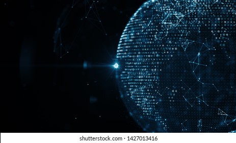 Growing Global Network And Data Connections Concept. Abstract Scientific Technology Data Network Surrounding Planet Earth Conveying Connectivity, Complexity And Data Flood Of Modern Digital Age.