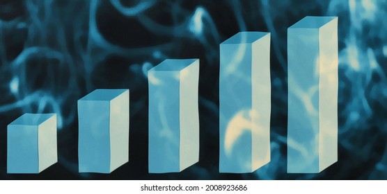 A growing histogram in the form of bars. Blue lighting. Abstract smoke