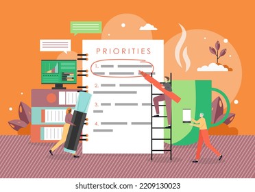 Growth Agenda, To Do List. Tiny People Professional Team Identifying Priority Tasks To Reach Business Goals, Flat Illustration. Work Planning, Aligned Priorities, Successful Business Strategy.