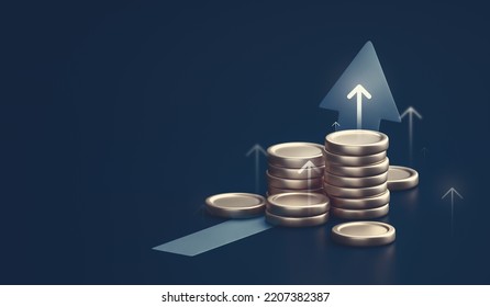 Growth Arrow Gold Coin Currency Price On Money Business Finance 3d Background With Success Financial Market Investment Earning Graph Or Economy Concept Cash Profit Chart And Increase Stock Up Symbol.