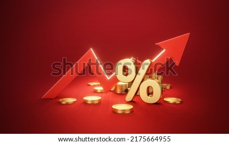 Growth arrow up interest rate stack finance chart gold money coin on increase tax percent 3d background with financial loan business banking or paying mortgage salary credit and stock currency graph.