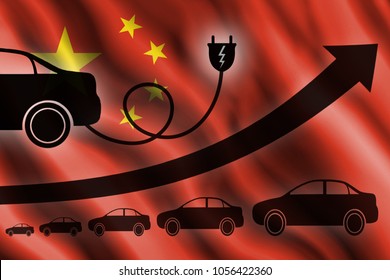 Growth Chart. Up Arrow, Car Silhouettes And A Car Charger In The Background Of The Flag People's Republic Of China