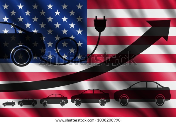 Growth chart. Up\
arrow, car silhouettes and a car charger in the background of the\
United States\
flag