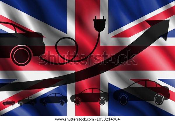 Growth chart. Up\
arrow, car silhouettes and a car charger in the background of the\
flag United\
Kingdom