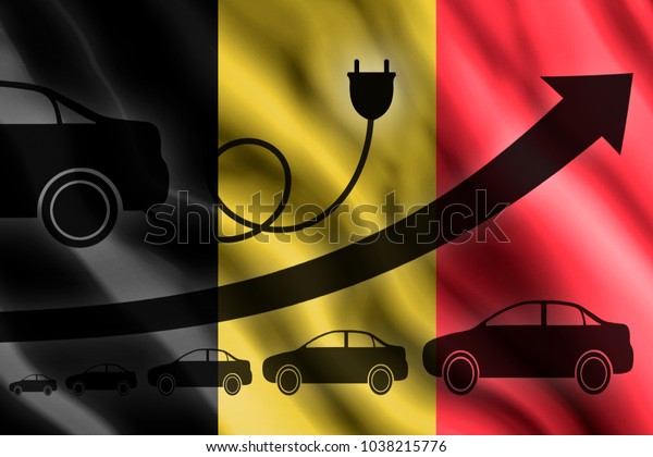 Growth chart. Up arrow,\
car silhouettes and a car charger in the background of the flag\
Belgium
