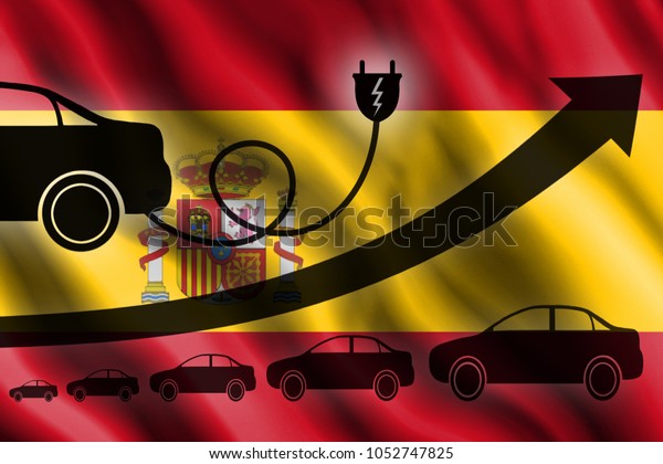 Growth chart. Up arrow, car\
silhouettes and a car charger in the background of the flag\
Spain