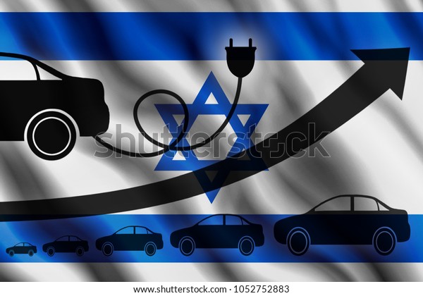 Growth chart. Up arrow, car\
silhouettes and a car charger in the background of the flag\
Israel