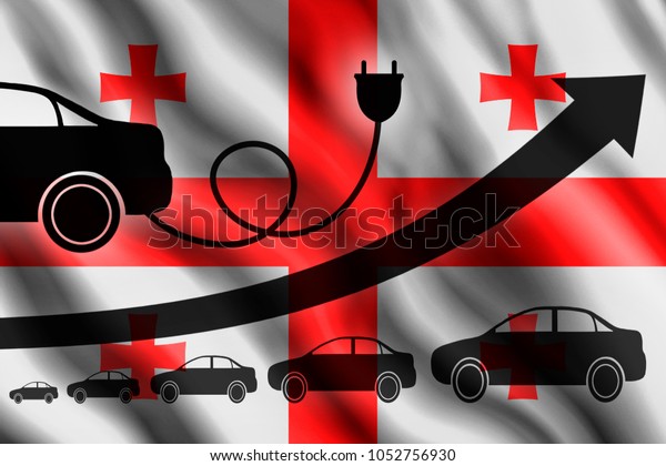 Growth chart. Up arrow,\
car silhouettes and a car charger in the background of the flag\
Georgia