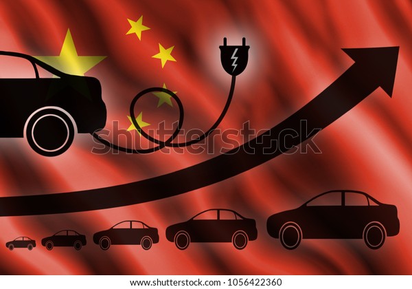Growth\
chart. Up arrow, car silhouettes and a car charger in the\
background of the flag People\'s Republic of\
China