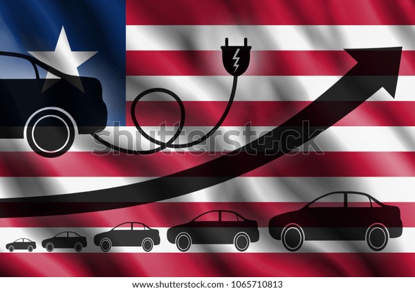 Growth chart. Up arrow,\
car silhouettes and a car charger in the background of the flag\
Liberia