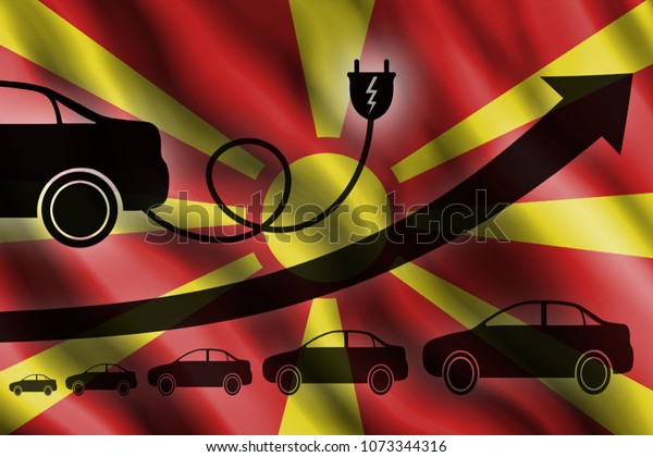 Growth chart. Up arrow,\
car silhouettes and a car charger in the background of the flag\
Macedonia
