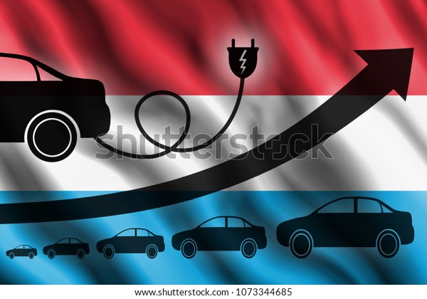 Growth chart. Up arrow,\
car silhouettes and a car charger in the background of the flag\
Luxembourg