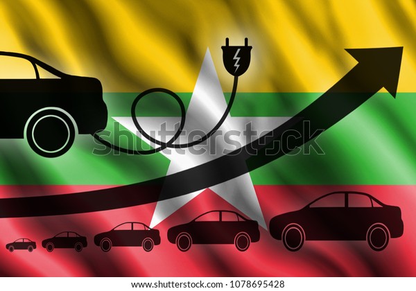 Growth chart. Up arrow,\
car silhouettes and a car charger in the background of the flag\
Myanmar