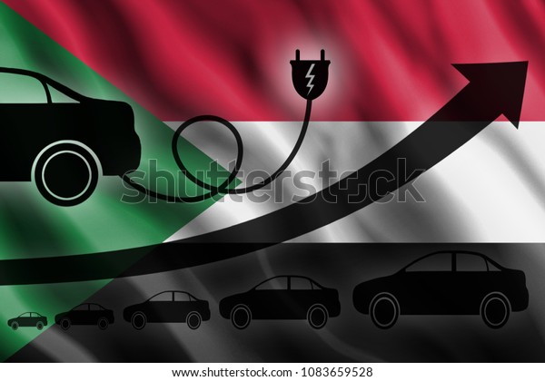 Growth chart. Up arrow, car\
silhouettes and a car charger in the background of the flag\
Sudan