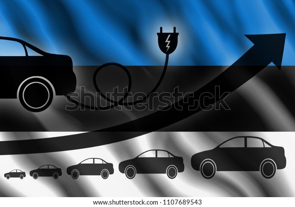 Growth chart. Up arrow,\
car silhouettes and a car charger in the background of the flag\
Estonia