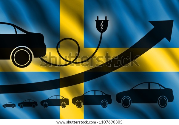 Growth chart. Up arrow, car\
silhouettes and a car charger in the background of the flag\
Sweden
