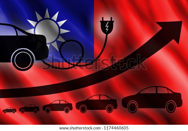 Growth chart. Up arrow, car silhouettes and a car\
charger in the background of the flag People\'s Republic of China\
Taiwan